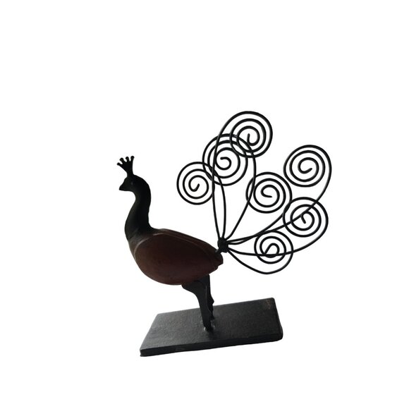 Peacock Wood Metal Figurine Sculpture on Base Decorative Desk Note Holder - Picture 2 of 5
